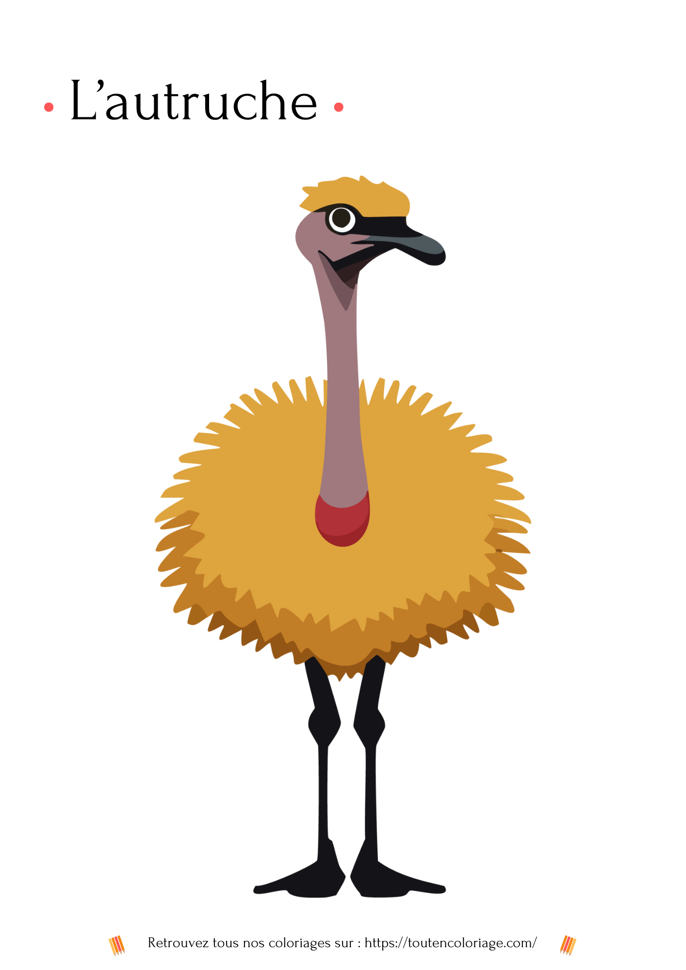 Dessin à colorier d'une autruche jaune avec des pattes noires issue du livre les animaux de la savane