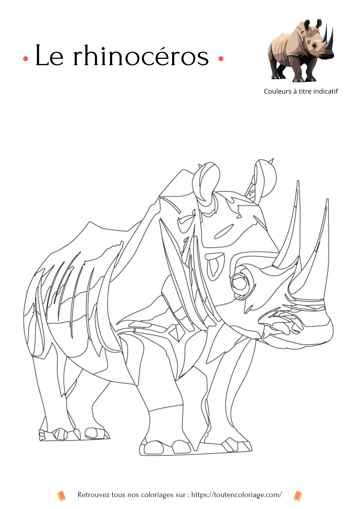 Dessin à colorier et imprimer d'un rhinocéros marron avec deux cornes.