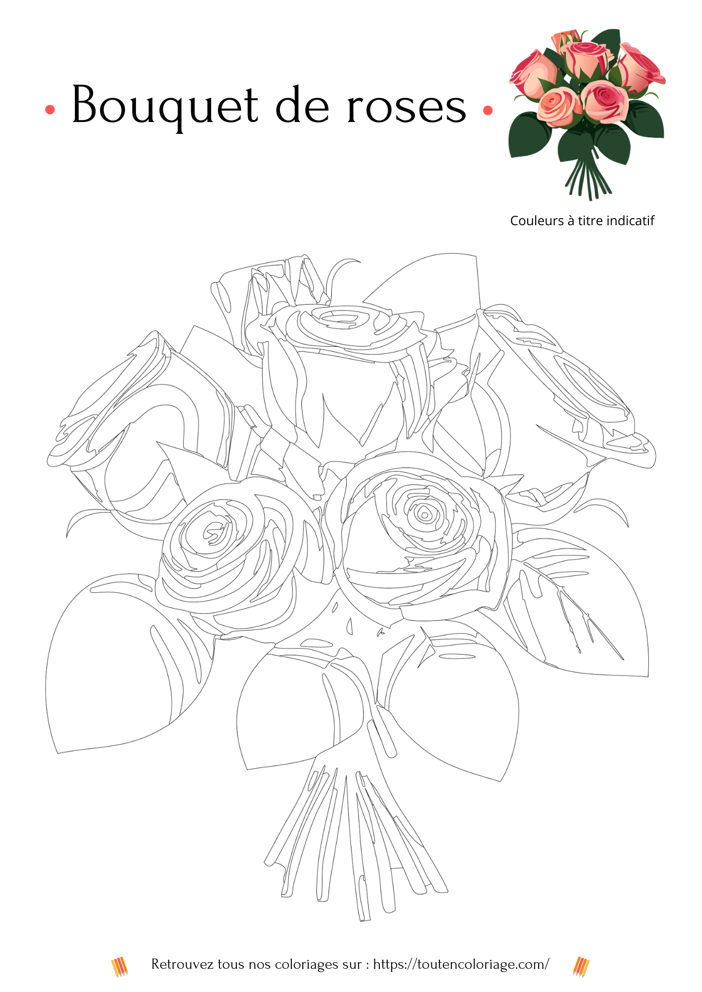Coloriage à imprimer d'un très jolie bouquet de 6 Roses de couleur rose et leurs belles tiges vertes.