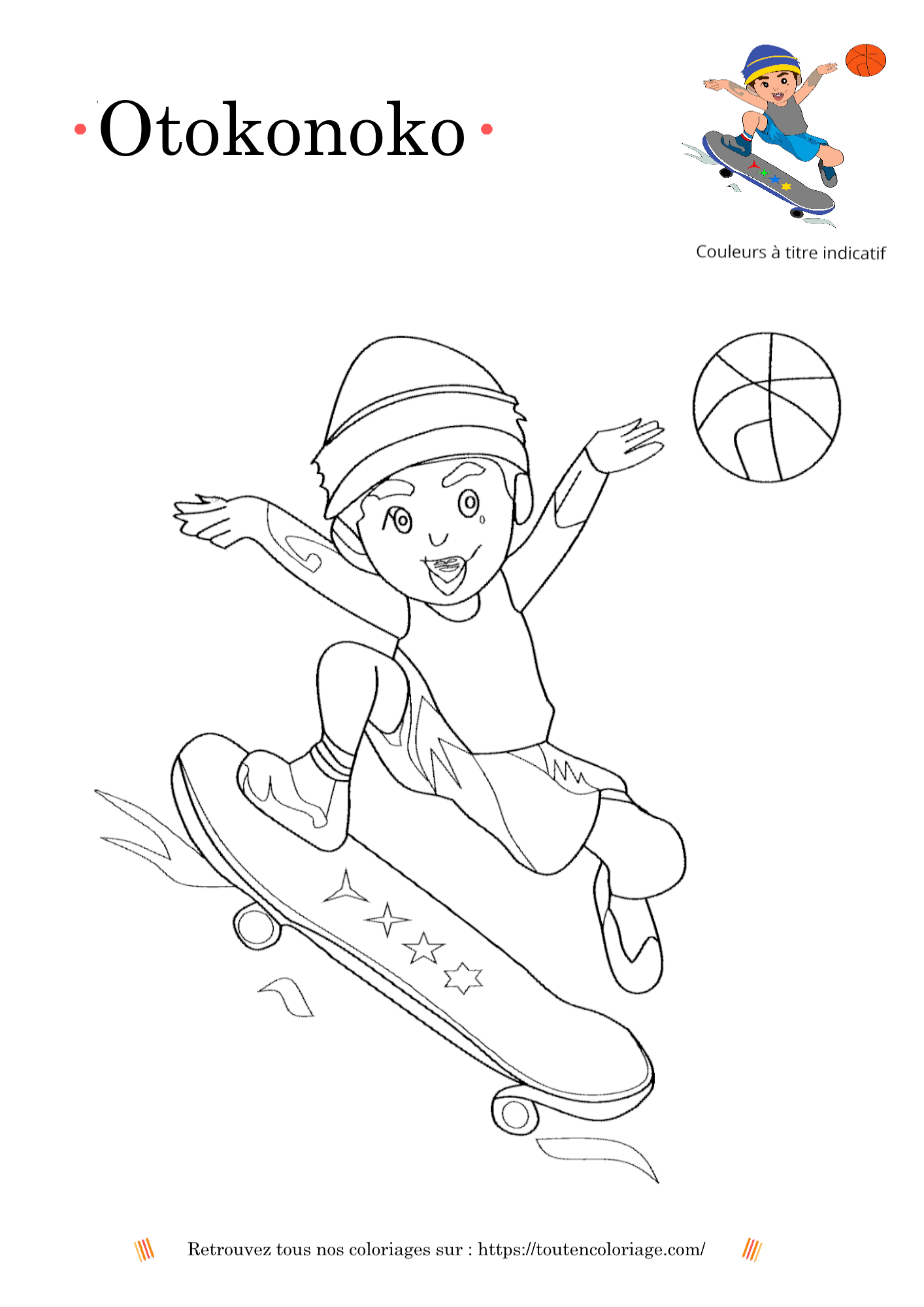 Dessin à colorier d'un manga garçon faisant du skate en jouant avec un ballon de basket orange.