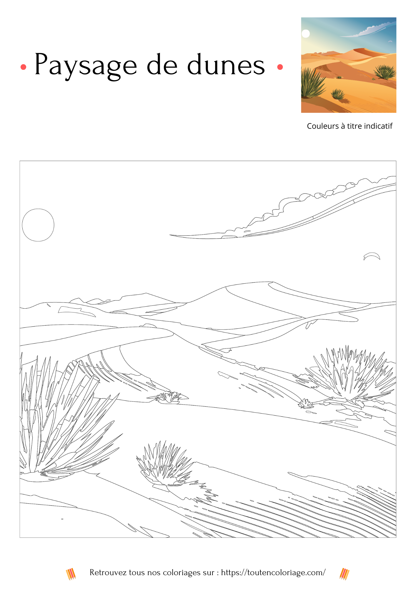 Dessin à colorier représentant de magnifique dunes de sable colorés de Jaune et d'or.