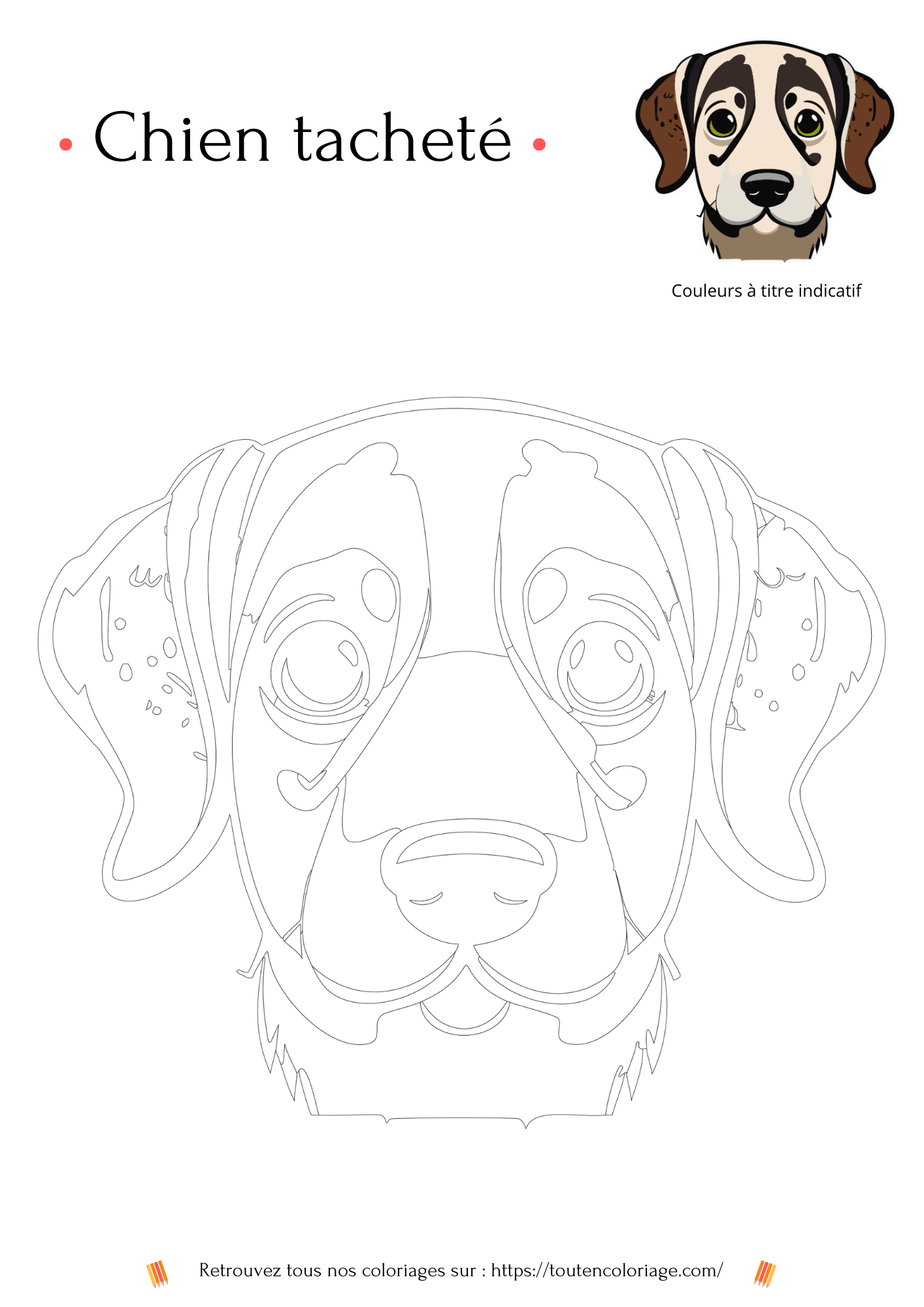 Coloriage a imprimer d'une tête de chien tacheté de noir et de marron