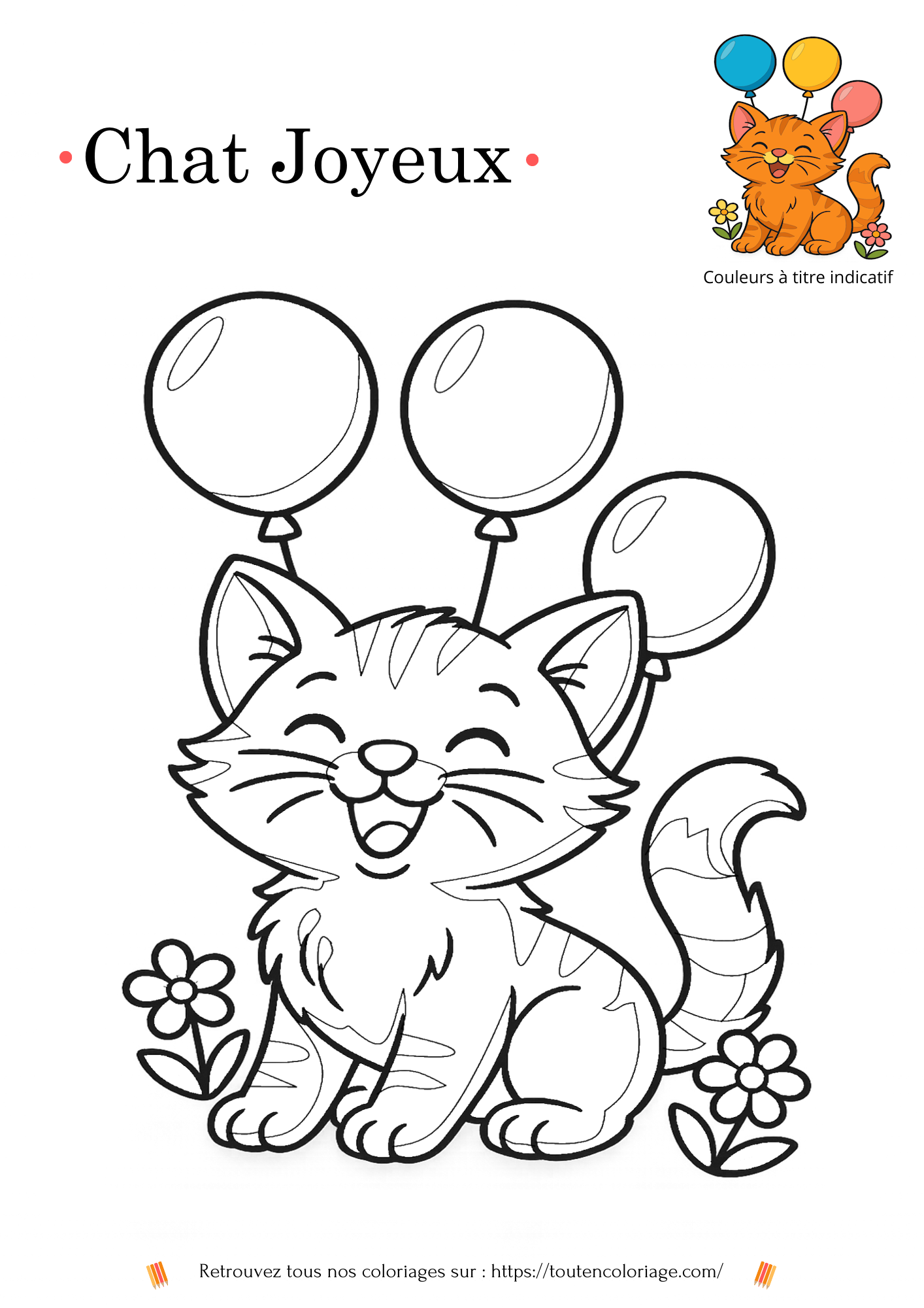 Dessin à colorier pour les enfants d'un chaton souriant jouant avec des ballons
