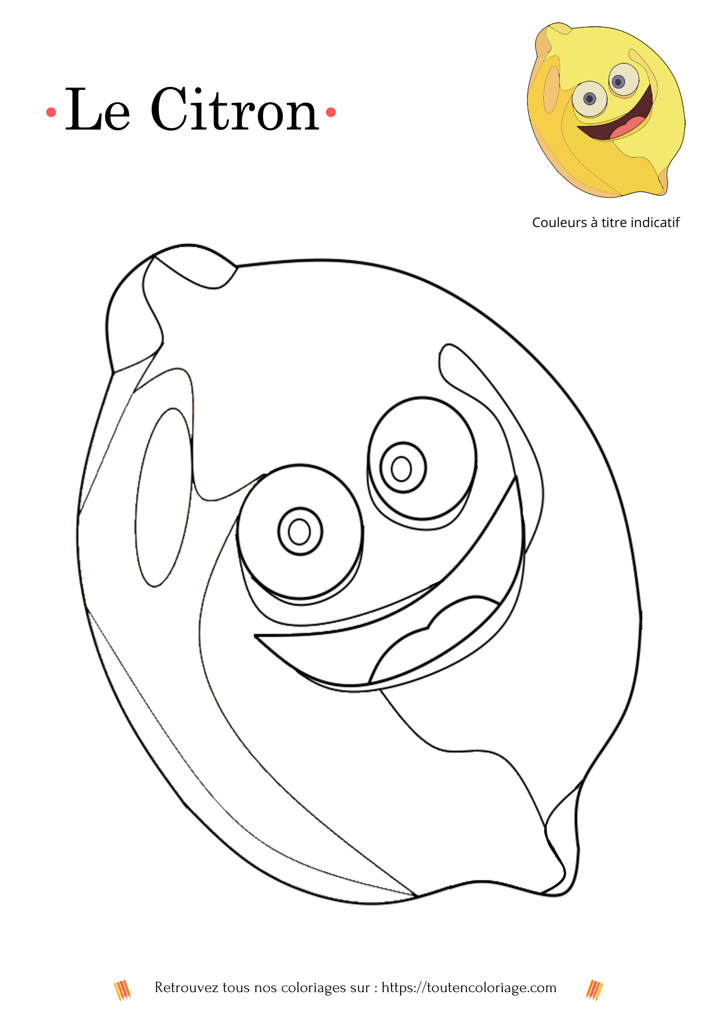Dessin à imprimer et a colorier d'un magnifique citron tout jaune et souriant.