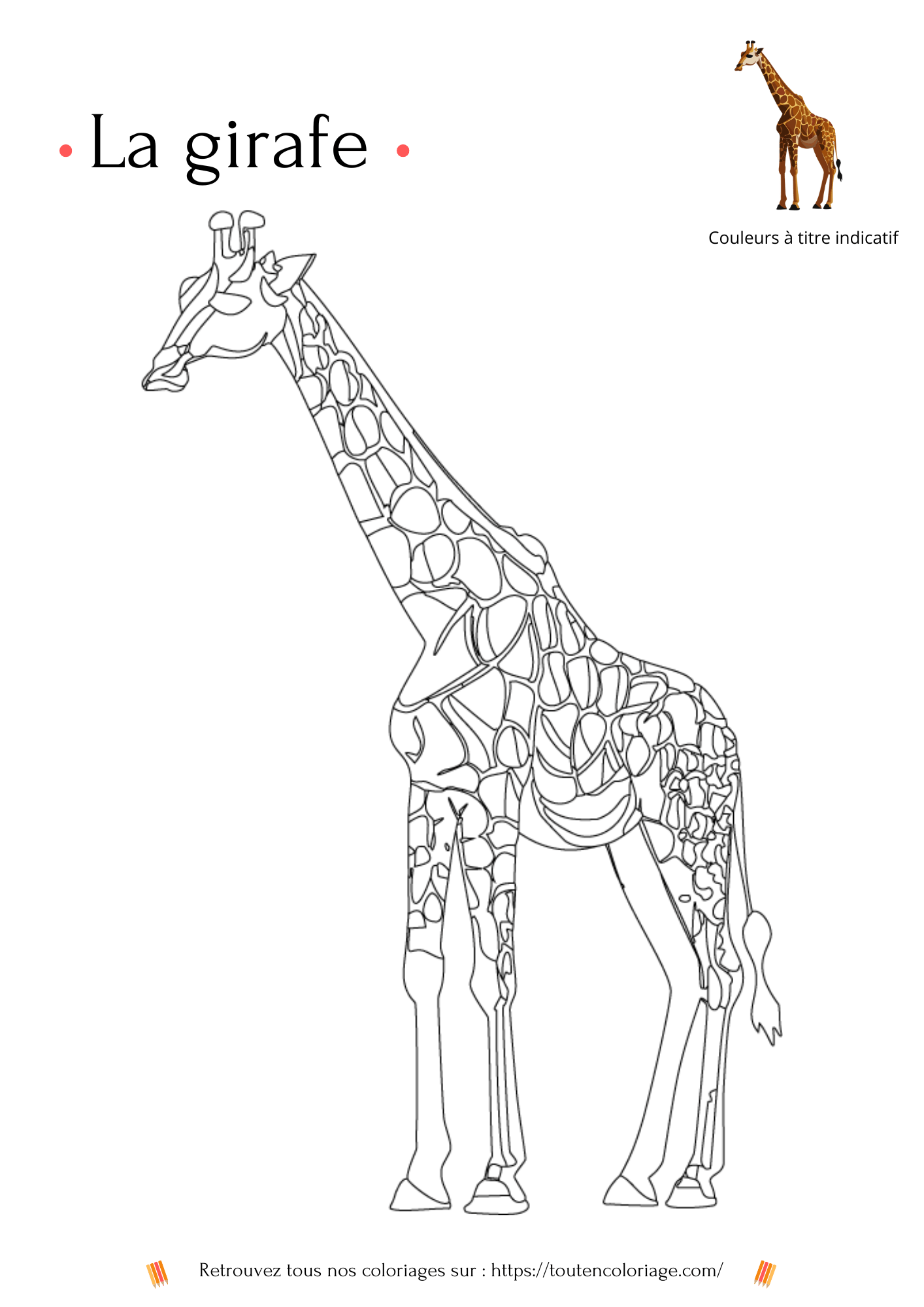Coloriage de girafe à imprimer a retrouver dans notre livre sur les animaux de la savane africaine