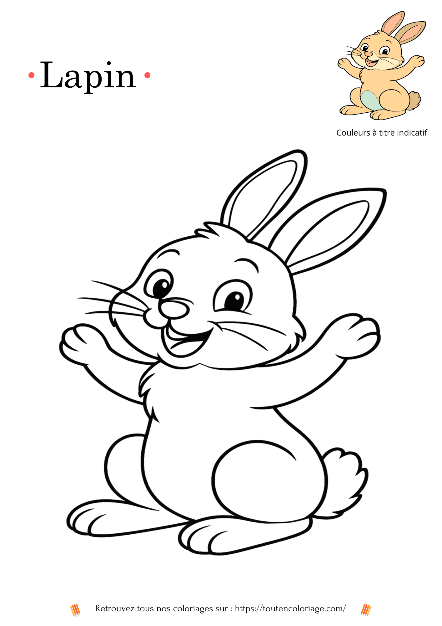 Coloriage d’un lapin mignon assis, prêt à être colorié par les enfants. Dessin simple et détaillé, idéal pour les activités manuelles et créatives.