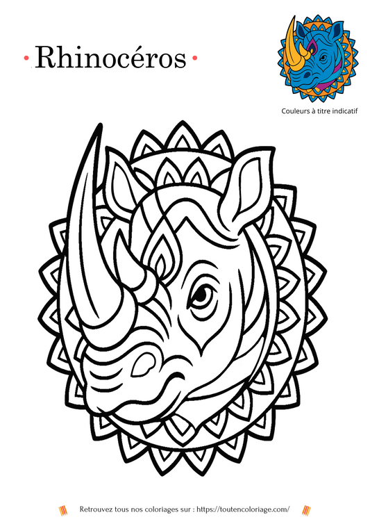 Dessin a colorier pour enfants et adultes d'un mandala représentant une tête de rhinocéros.