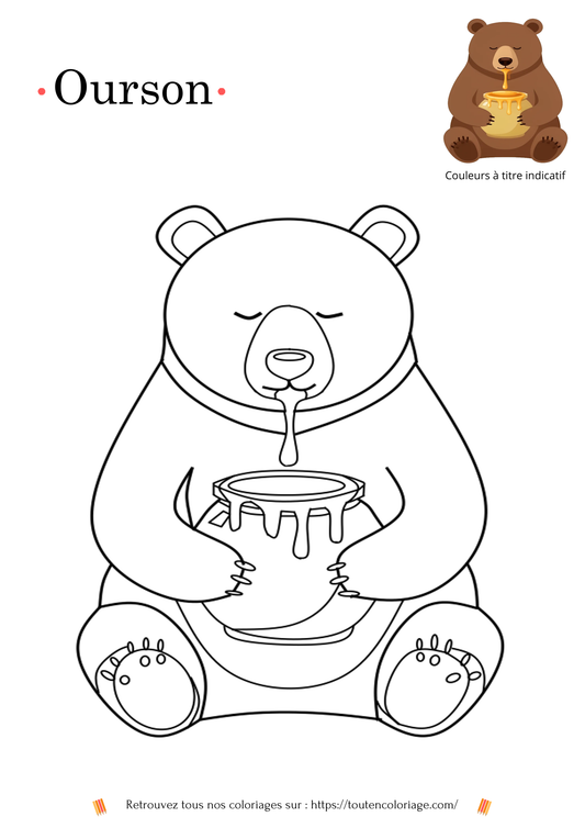 Dessin à colorier d'un ourson assis sur ses fesses mangeant du miel dans un pot.