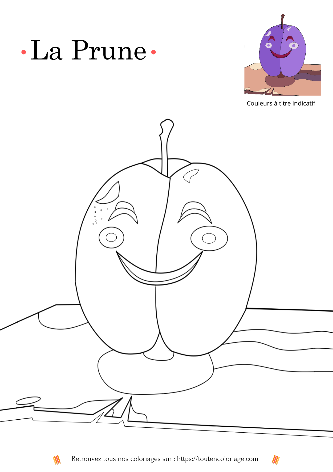 Dessin à colorier d'une prune souriante pour les enfants et les adultes