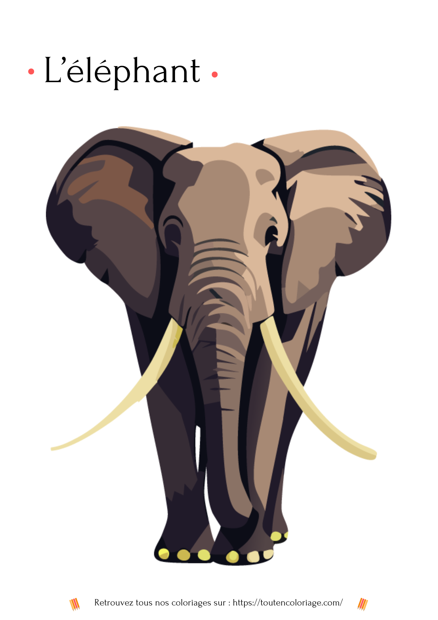 Coloriage a imprimer pour enfant ou adulte d'un magnifique éléphant issue de notre livre sur les animaux de la savane.