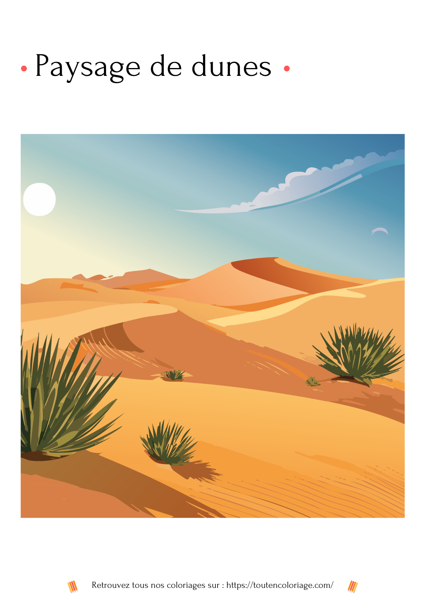 Coloriage a imprimer représentant de magnifique dunes désertiques du Sahara au sud de l'Algérie.
