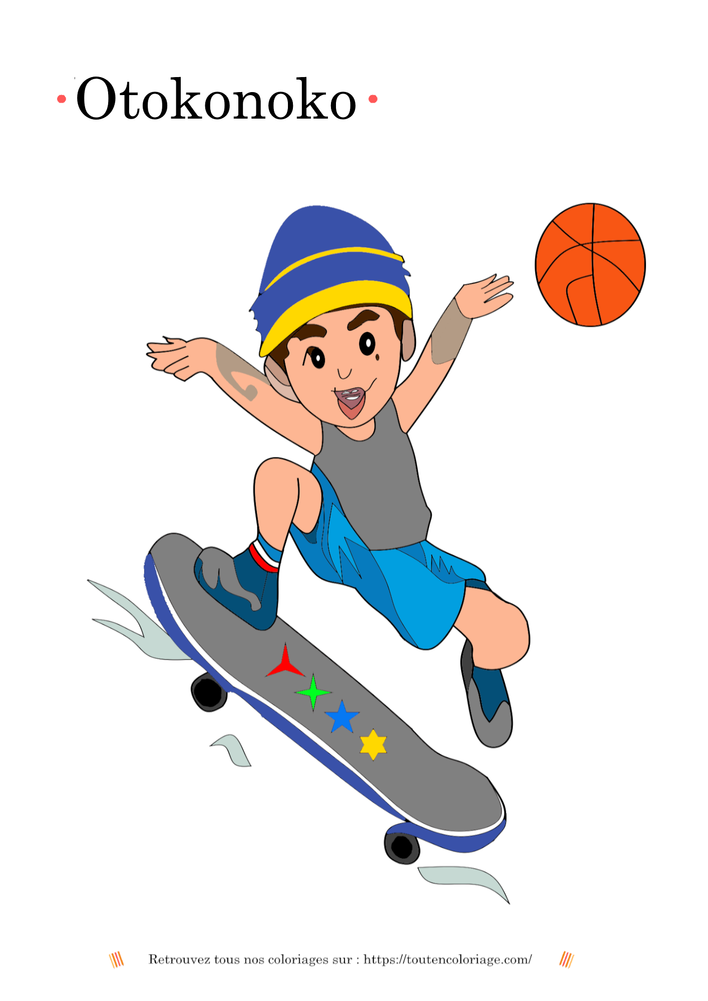 Coloriage d'un manga garçon faisant du skate en jouant avec un ballon de basket.