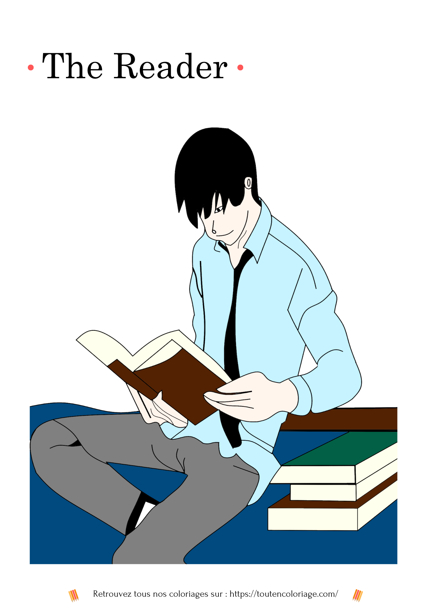 Dessin à colorier d'un personnage de manga garçon assis sur son lit un livre a la main.