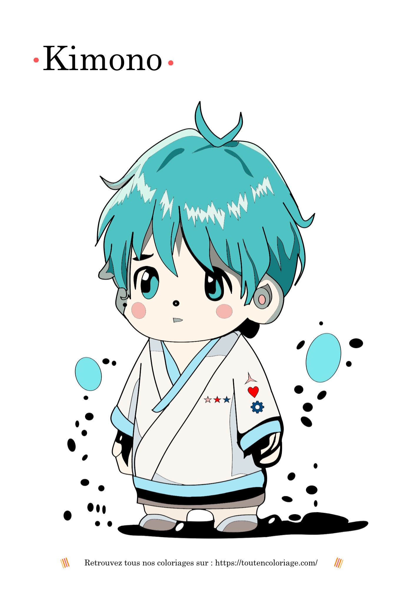Dessin à colorier d'un personnage animé de Manga garçon avec les cheveux bleus et portant un kimono.