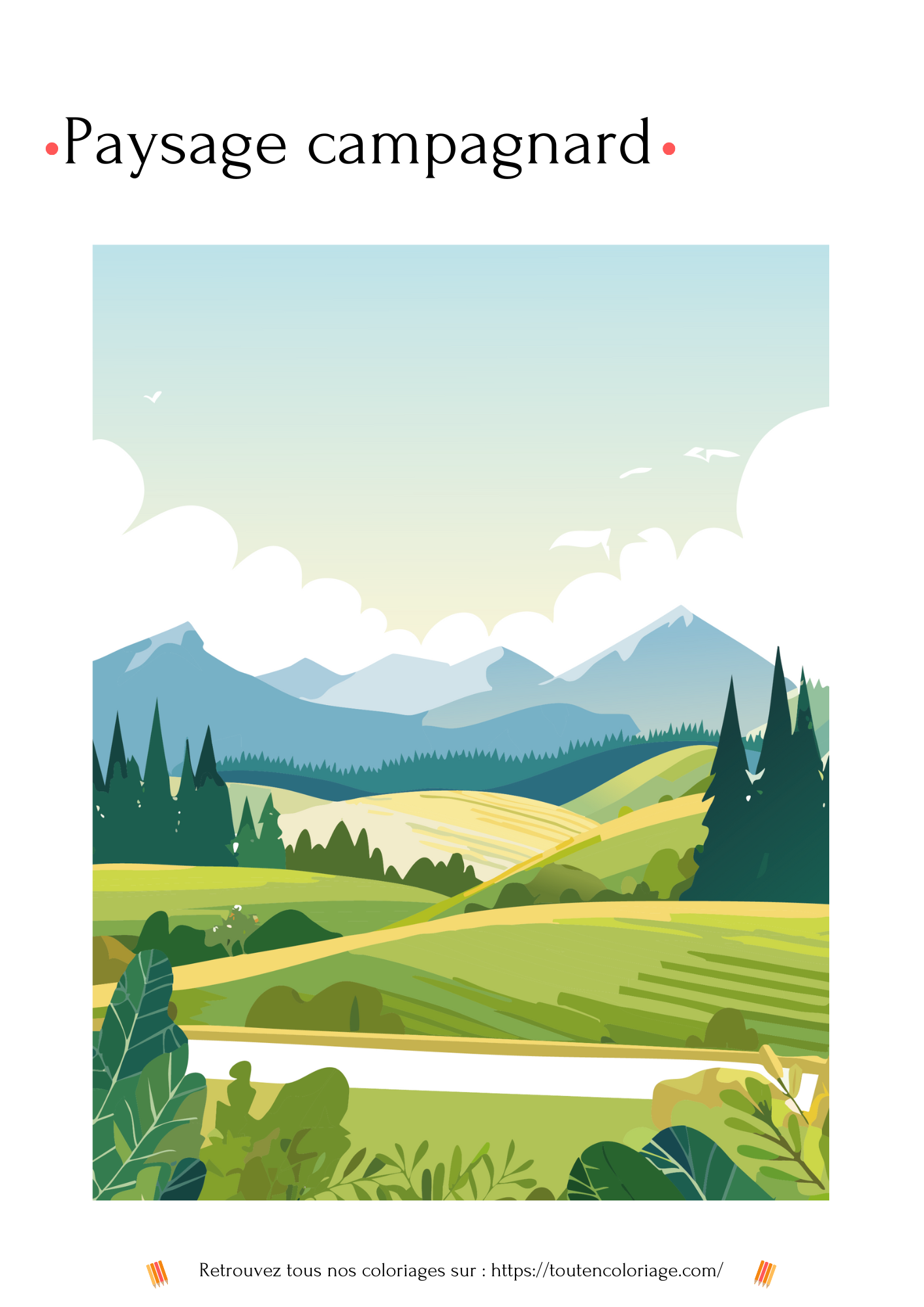 Coloriage a imprimer de nos magnifique paysages de campagnes vallonnées et verdoyantes.