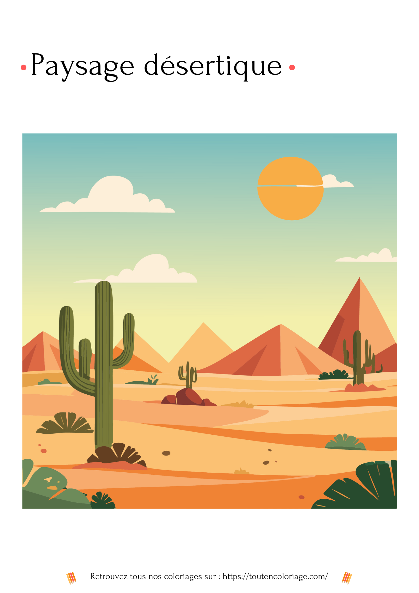 Illustration d'un paysage désertique avec ses dunes et pyramides mais aussi des cactus.