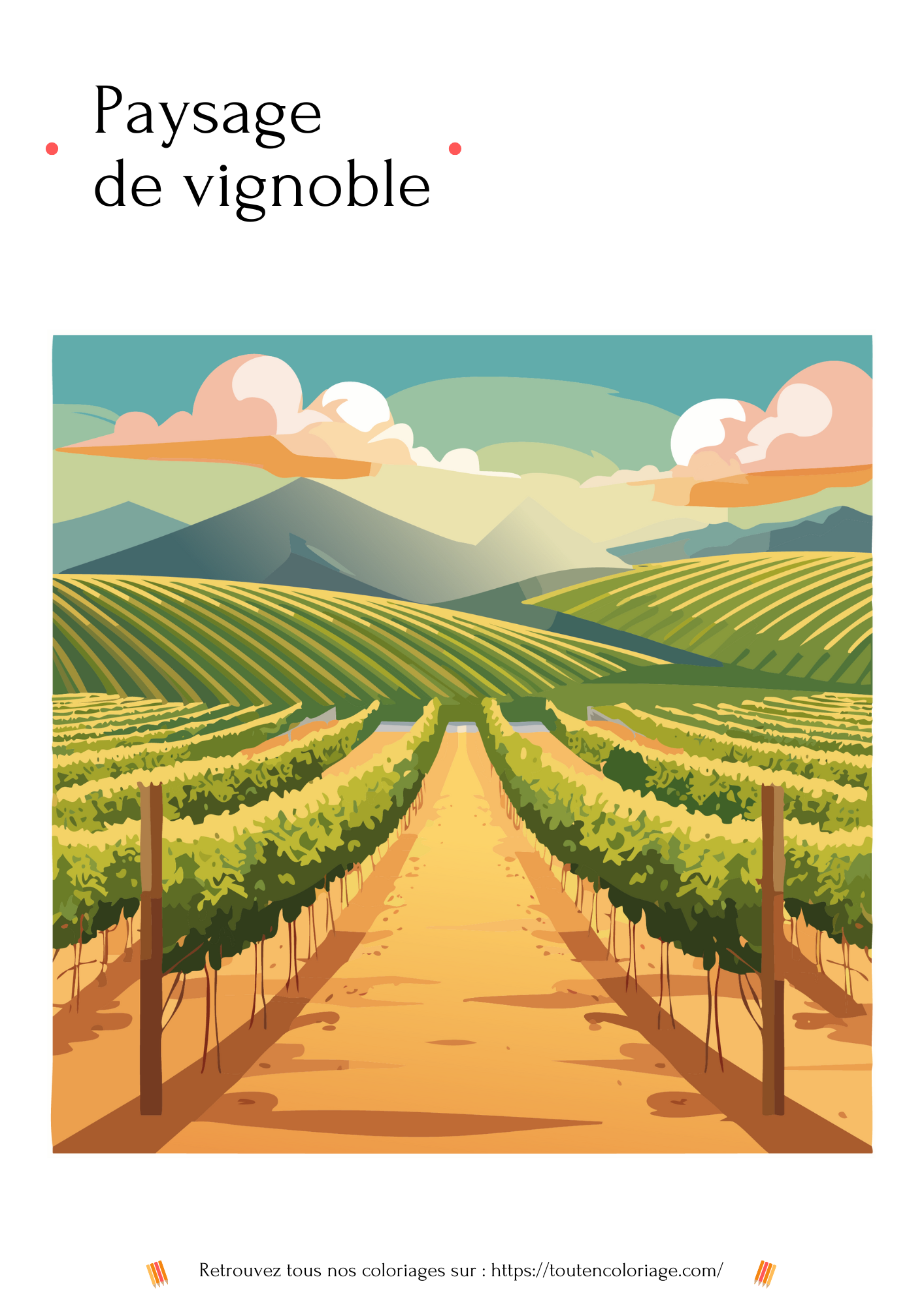 Coloriage à imprimer d'un vignoble bordelais avec ses belles vignes verte à flan de coteaux