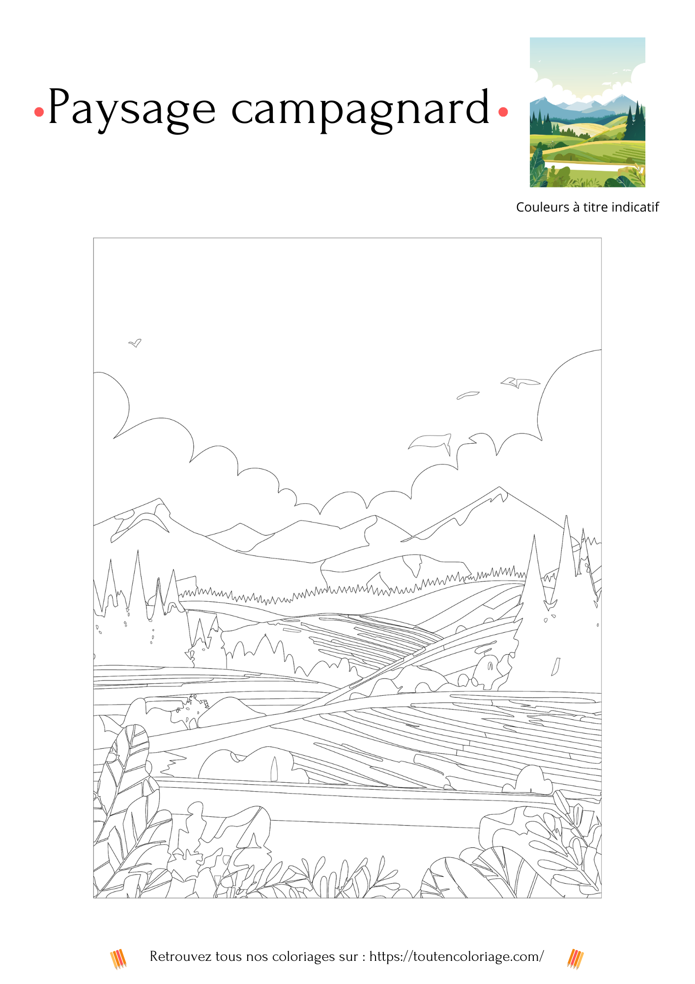 Coloriage a imprimer de nos magnifique paysages de campagnes vallonnées et verdoyantes.