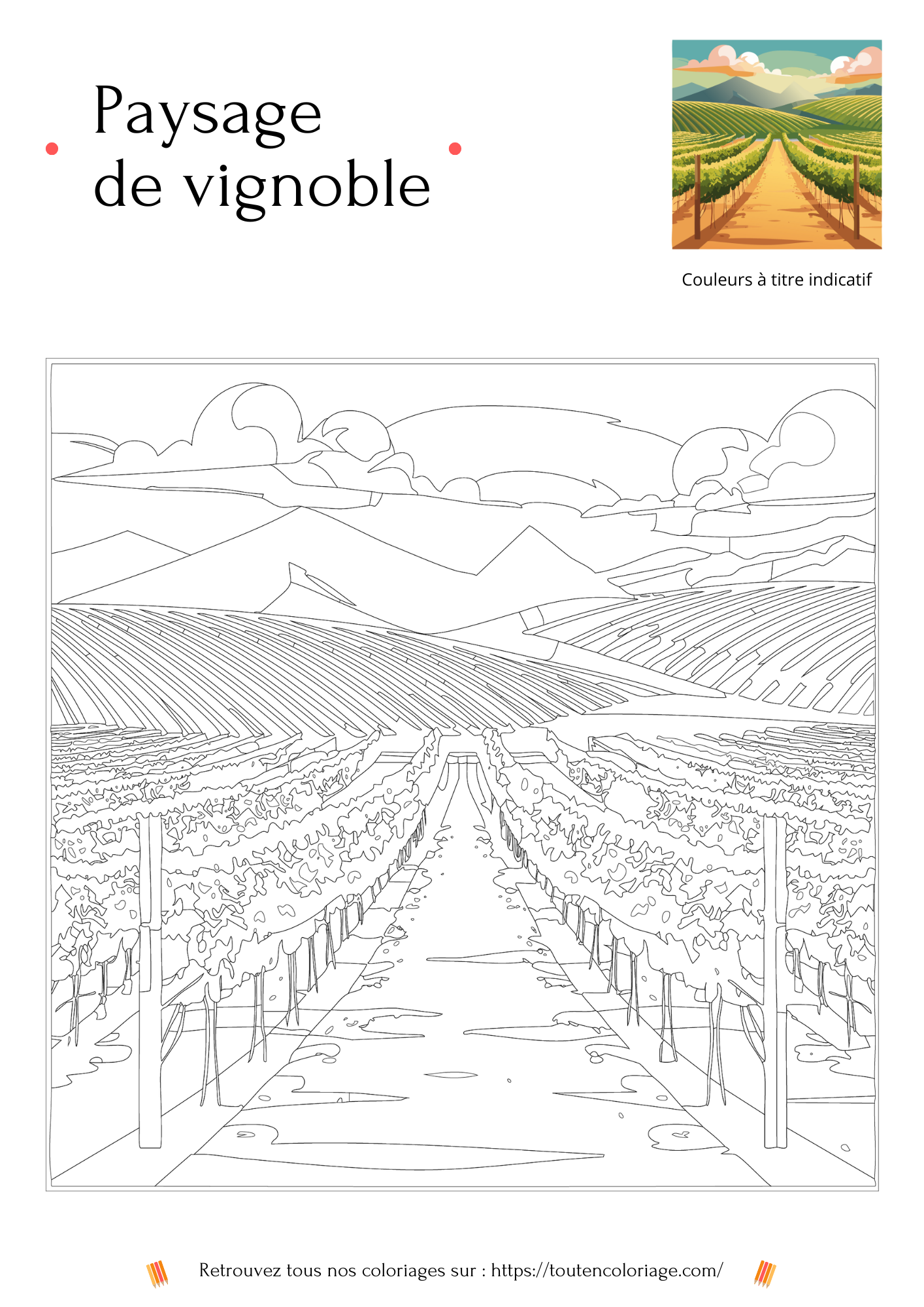 Coloriage à imprimer d'un vignoble bordelais avec ses belles vignes verte à flan de coteaux.