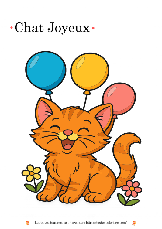 Coloriage à imprimer pour les enfants d'un chaton roux souriant  jouant avec des ballons 