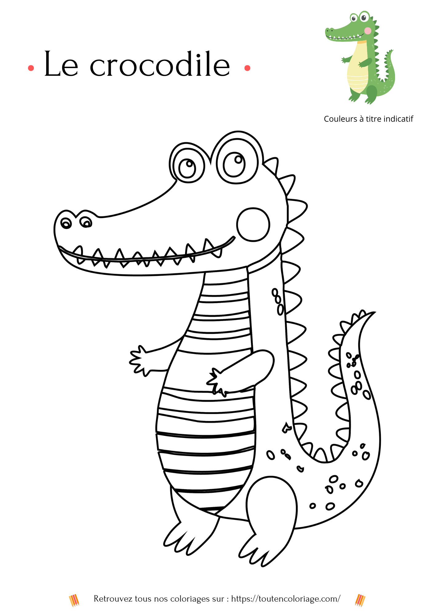 Un crocodile vert debout avec un grand sourire et des yeux ronds et amicaux. Il a une peau recouverte de petites écailles et une longue queue qui se courbe derrière lui.