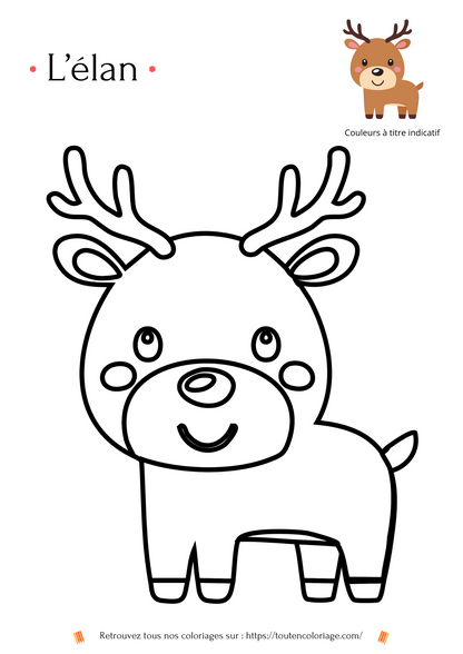 Dessin a imprimer et a colorier d'un petit Élan rigolos tout droit venu des forêt du canada.