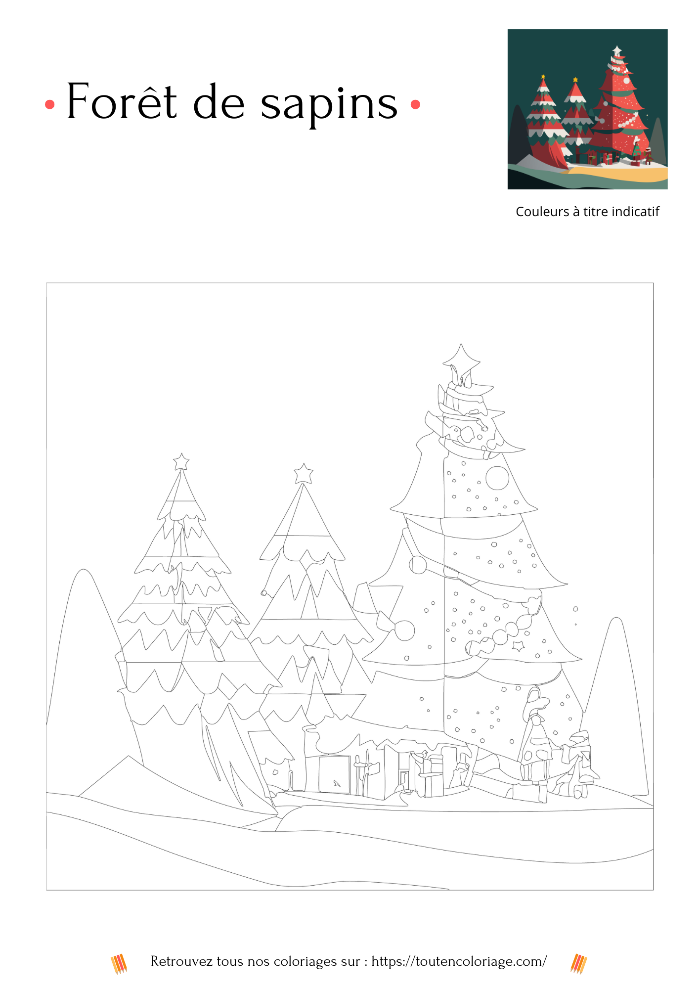 Dessin à colorier d'une magnifique forêt de sapins  rouge et vert spécialement décorés pour les joyeuses fêtes de Noël.