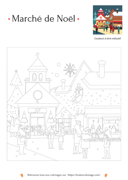 Dessin a colorier représentant un magnifique marché de Noël coloré a télécharger en PDF et a imprimer.
