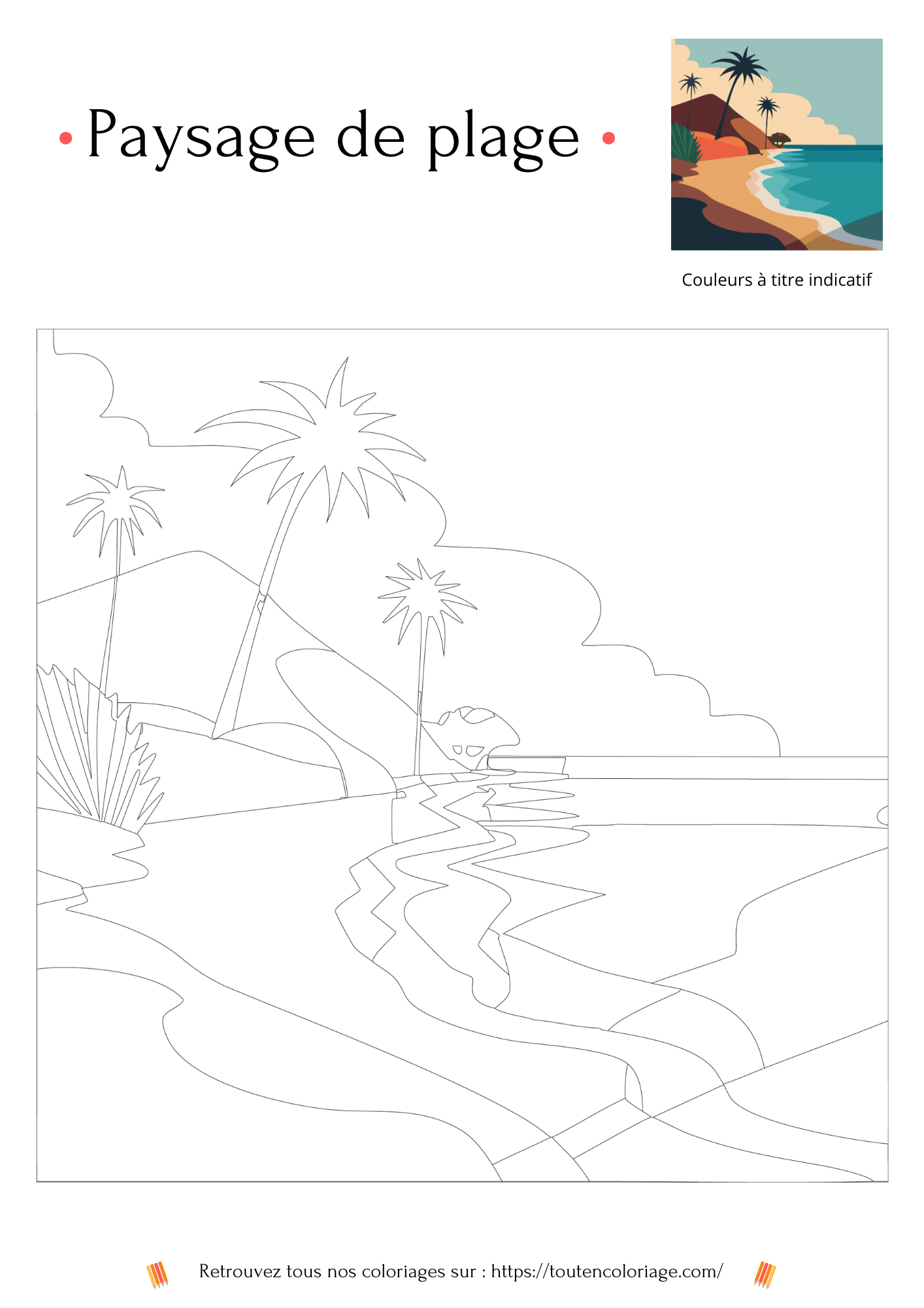 Dessin à colorier d'une plage de sable blanc donnant sur une mer bleu et bordée de palmier.