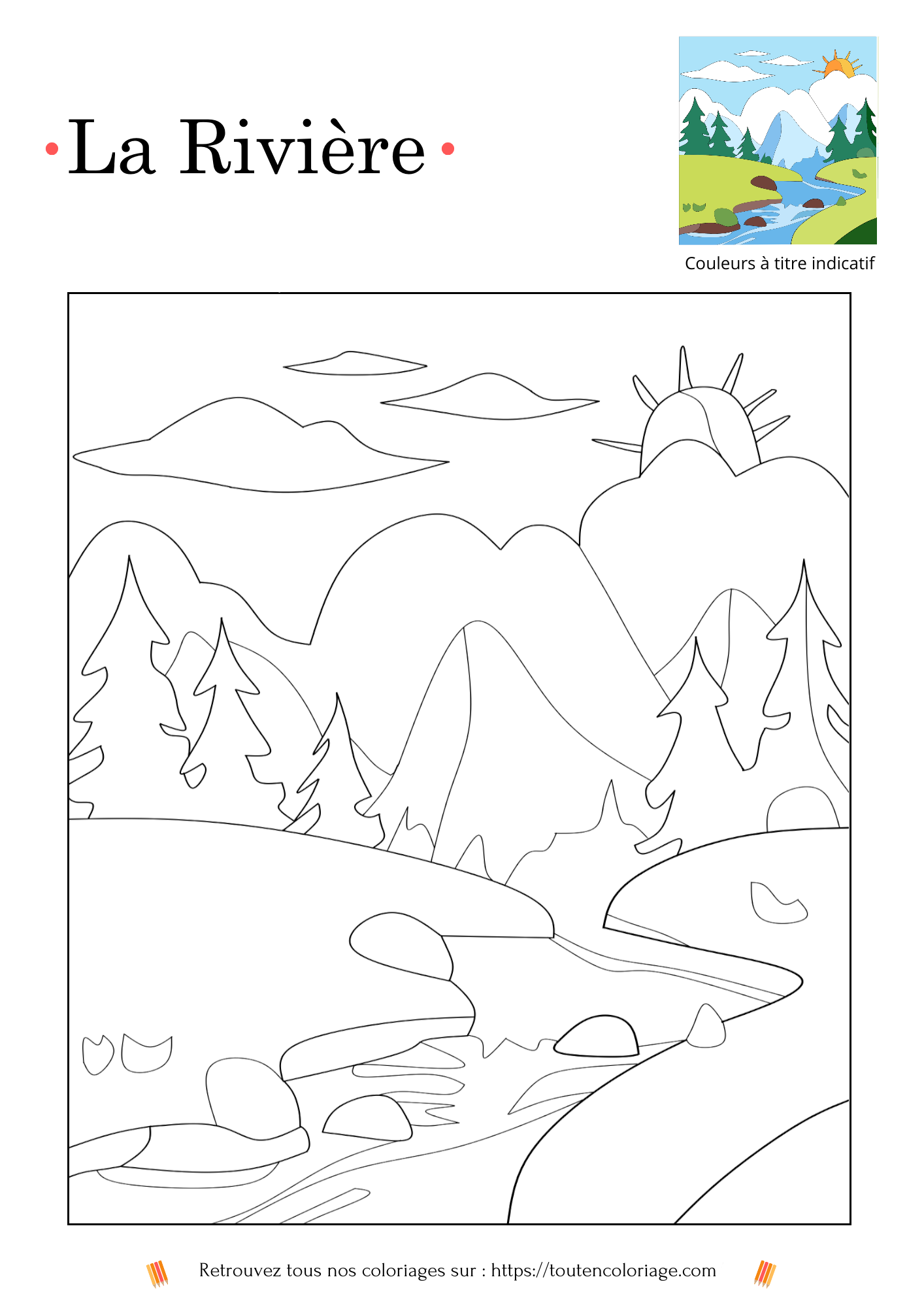 Dessin a colorier d'un paysage de rivière serpentant à travers une vallée verdoyante.