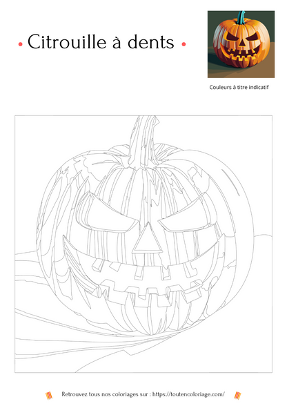Coloriage a imprimer d'une citrouille a grosses dents pour les petits et les grands artistes.