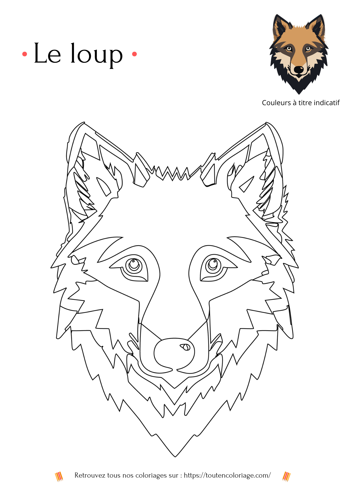 Coloriage a imprimer d'une tete de Loup a retrouver dans notre livre sur les animaux de la foret