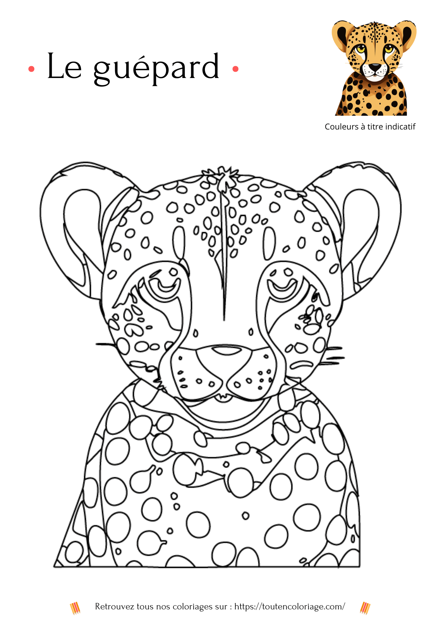 Dessin a colorier d'un magnifique petit Guépard a retrouver dans notre livre de coloriage sur les animaux de la savane.