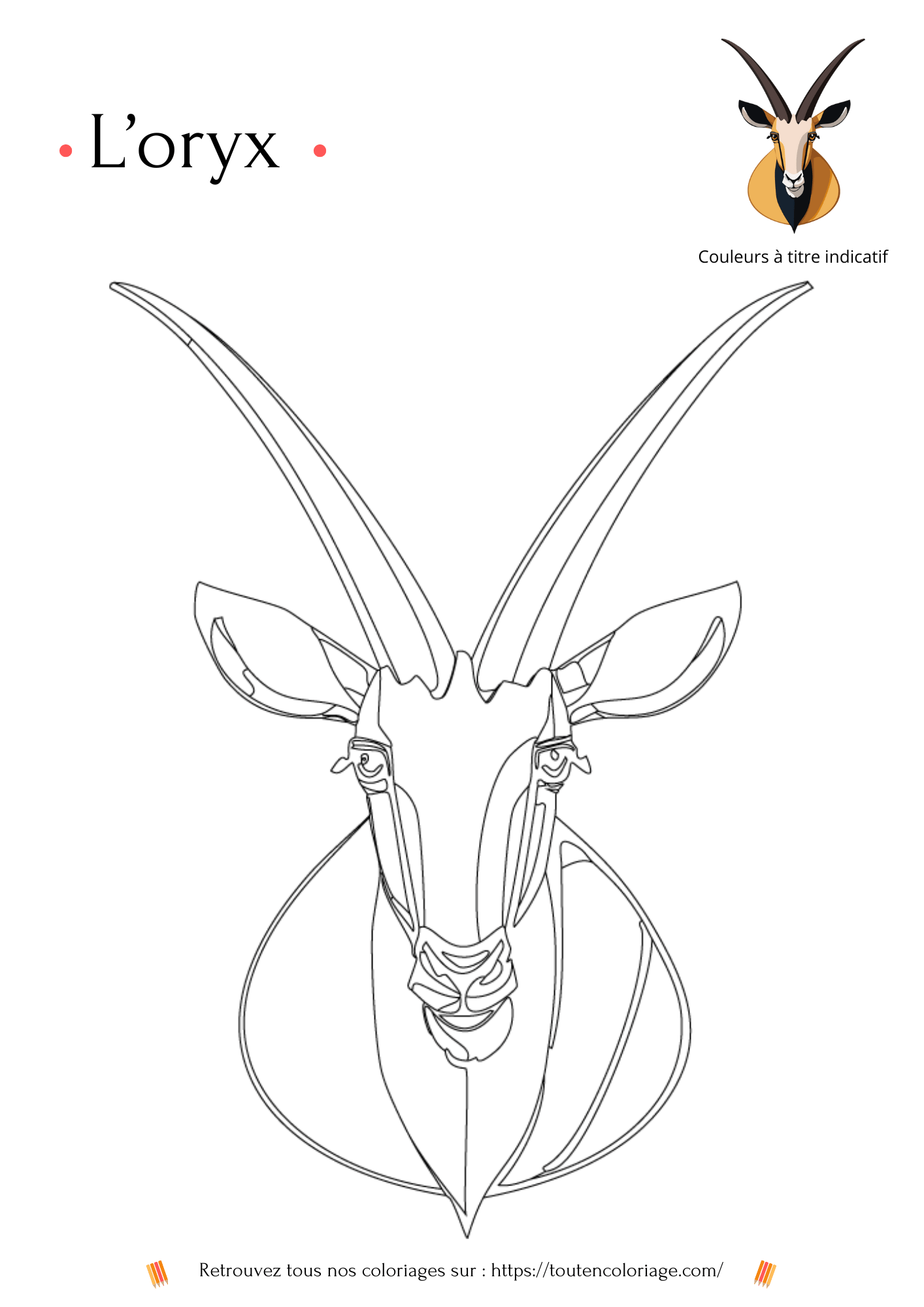 Dessin a colorier d'un Oryx pour enfants et adultes de tout âges a retrouver dans notre livre sur les animaux de la savane 