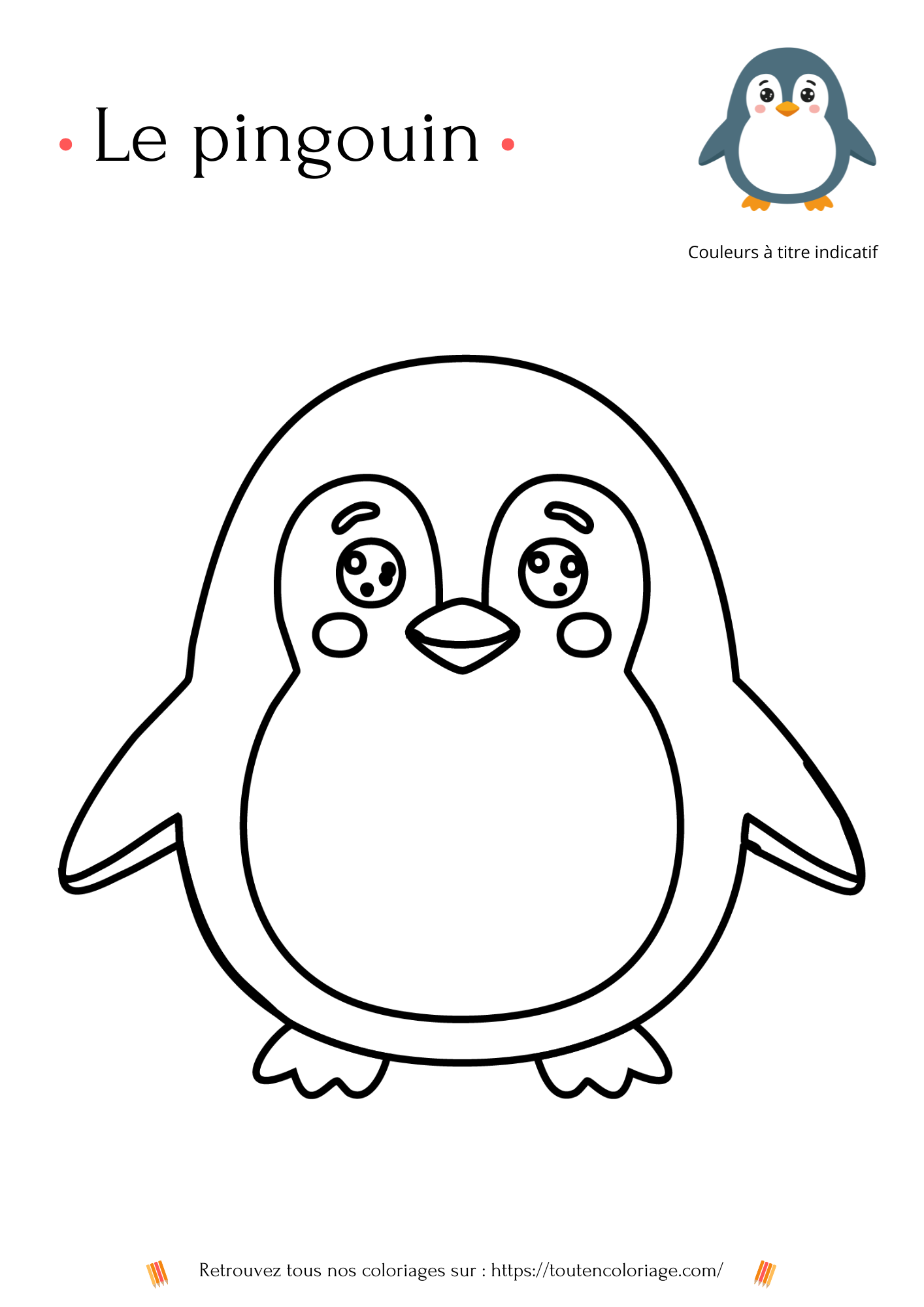 Dessin à colorier facile d'un magnifique pingouin pour les enfants.