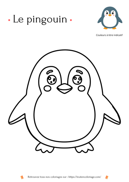 Dessin à colorier facile d'un magnifique pingouin pour les enfants.