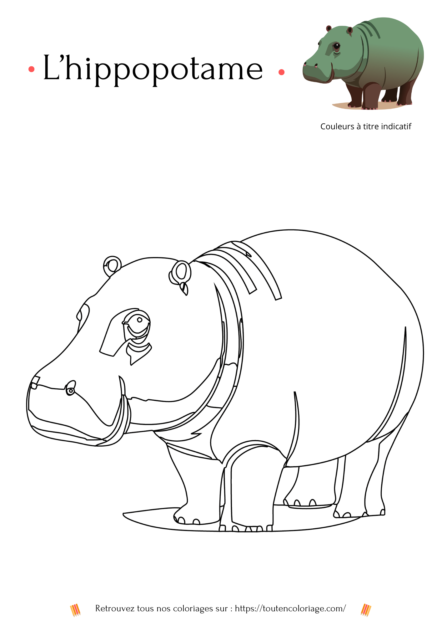 Coloriage à imprimer d'un superbe hippopotame vert et marron a retrouver dans notre livre sur les animaux de la savane