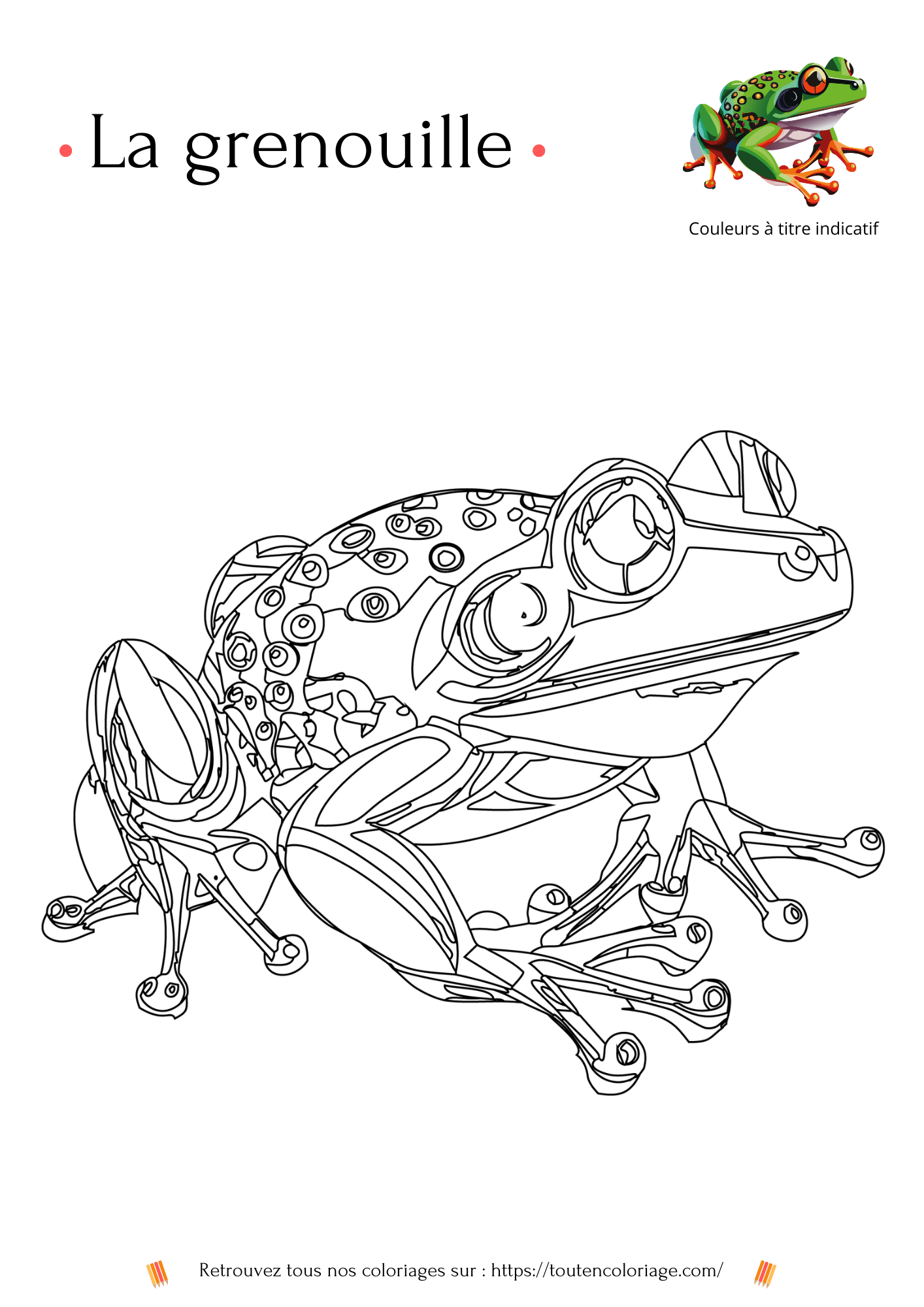 Coloriage a imprimer d'une  Grenouille aux pattes oranges à retrouver dans notre livre sur les animaux de la forêt.