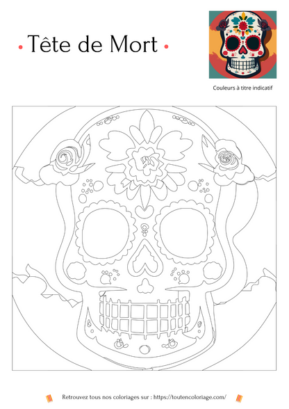 Dessin a colorier d'une tête de mort très colorées pour la fête Halloween