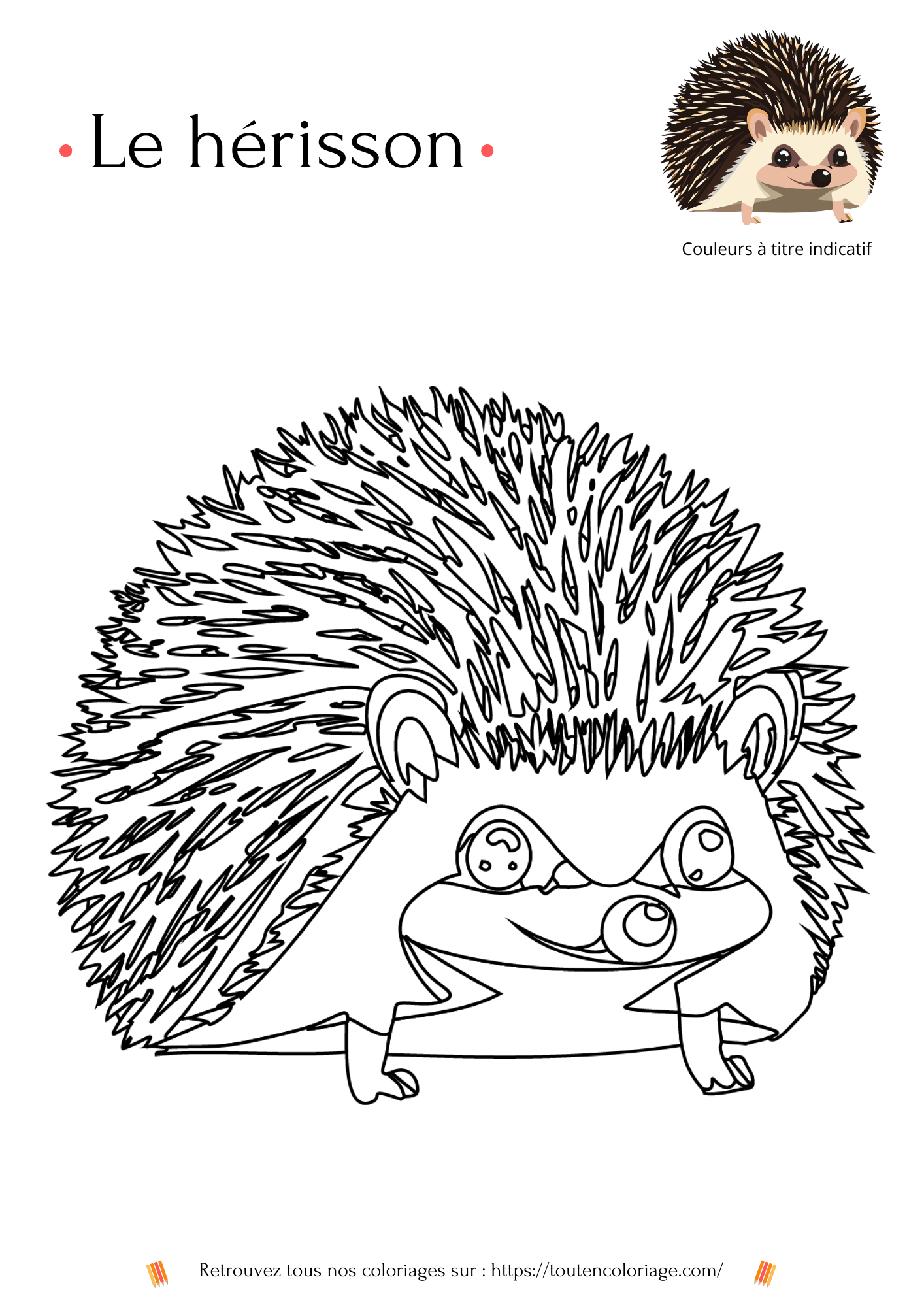 Coloriage a imprimer d'un petit hérisson a retrouver dans notre livre sur les animaux de la forêt. 