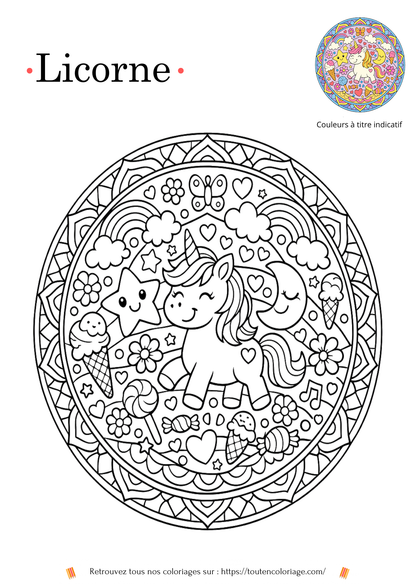 Dessiner à colorier d'un  mandala licorne avec des motifs géométriques détaillés à imprimer.
