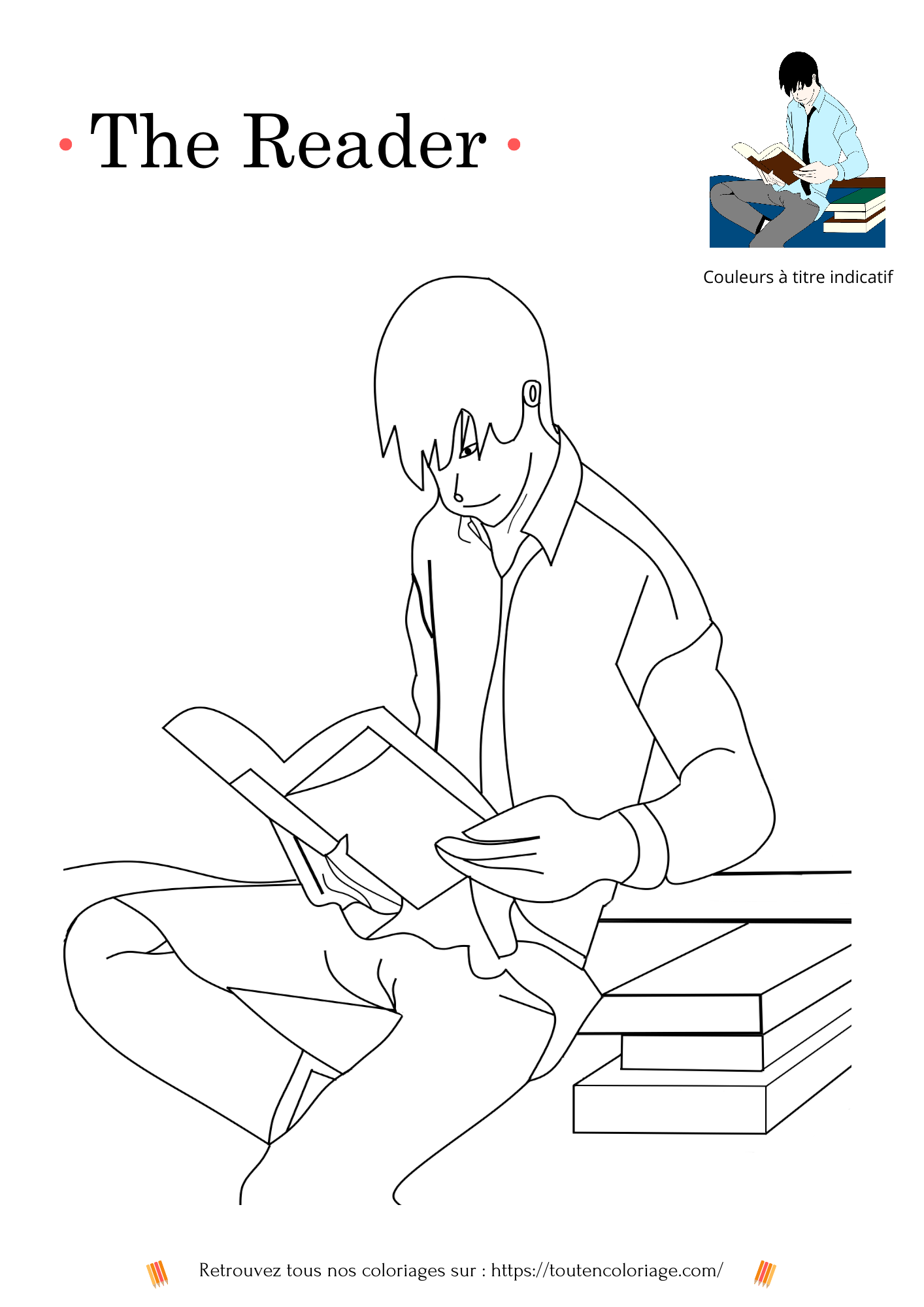 Coloriage a imprimer d'un personnage de manga garçon assis sur son lit un livre a la main.
