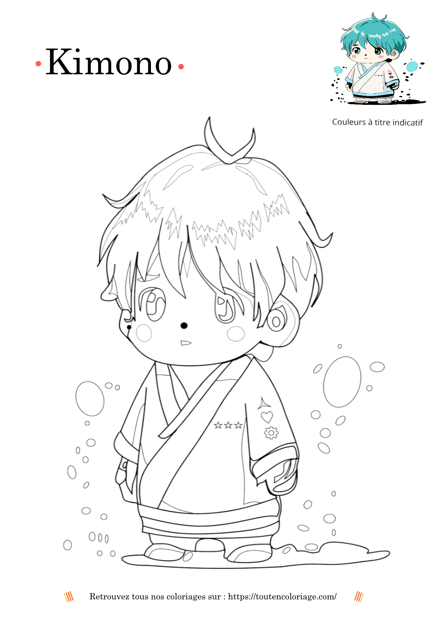 Coloriage a imprimer d'un personnage animé de Manga garçon avec les cheveux bleus et portant un kimono.