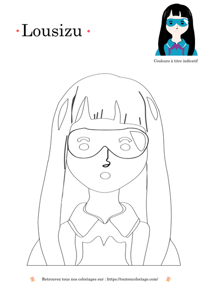 Coloriage à imprimer d'un personnage de manga fille brune avec une robe et des lunettes bleus