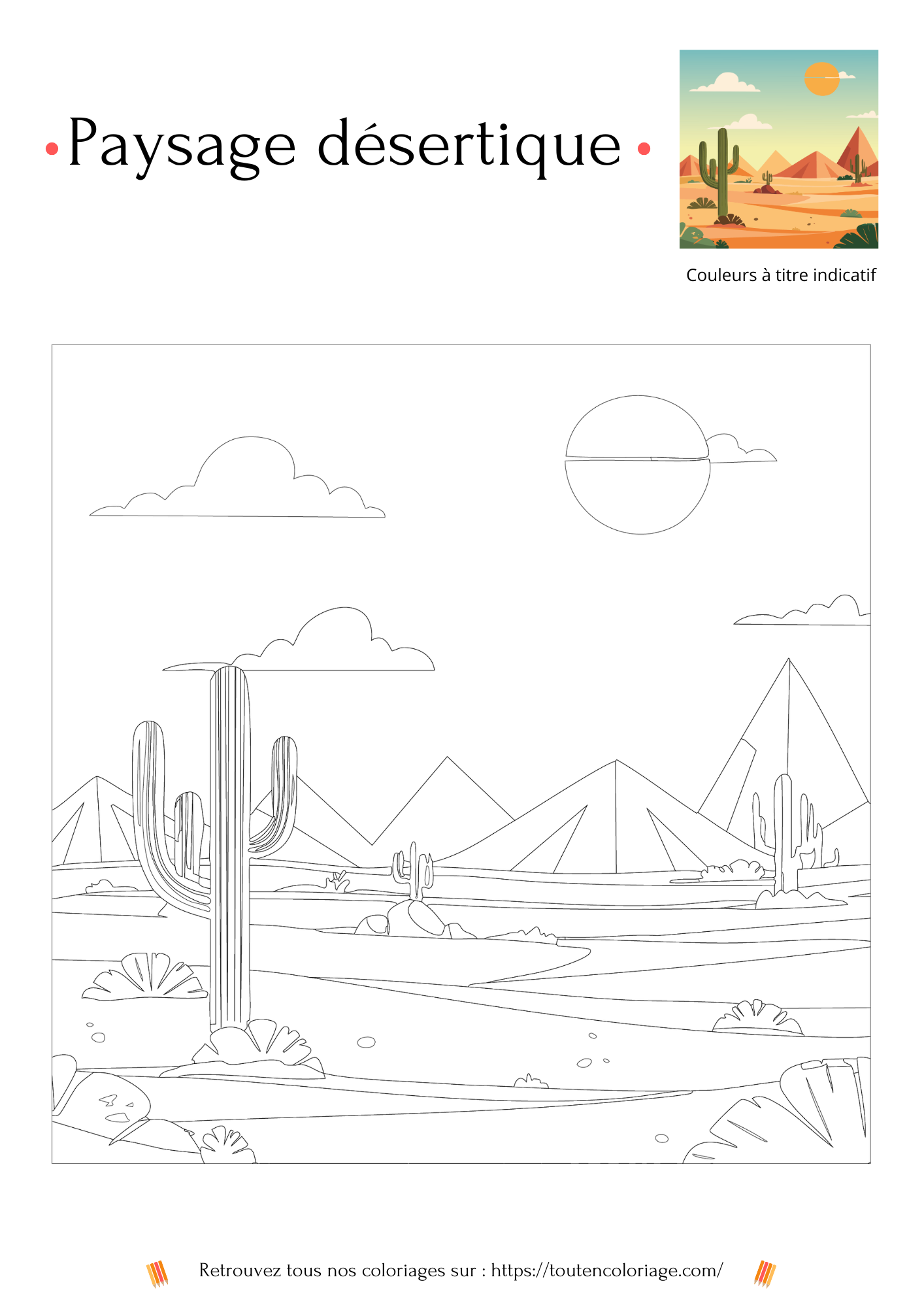 Dessin à colorier d'un paysage désertique avec ses dunes et pyramides mais aussi des cactus