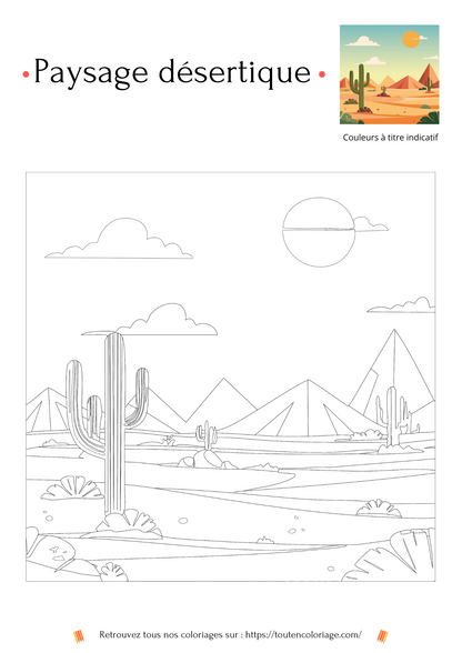 Dessin à colorier d'un paysage désertique avec ses dunes et pyramides mais aussi des cactus