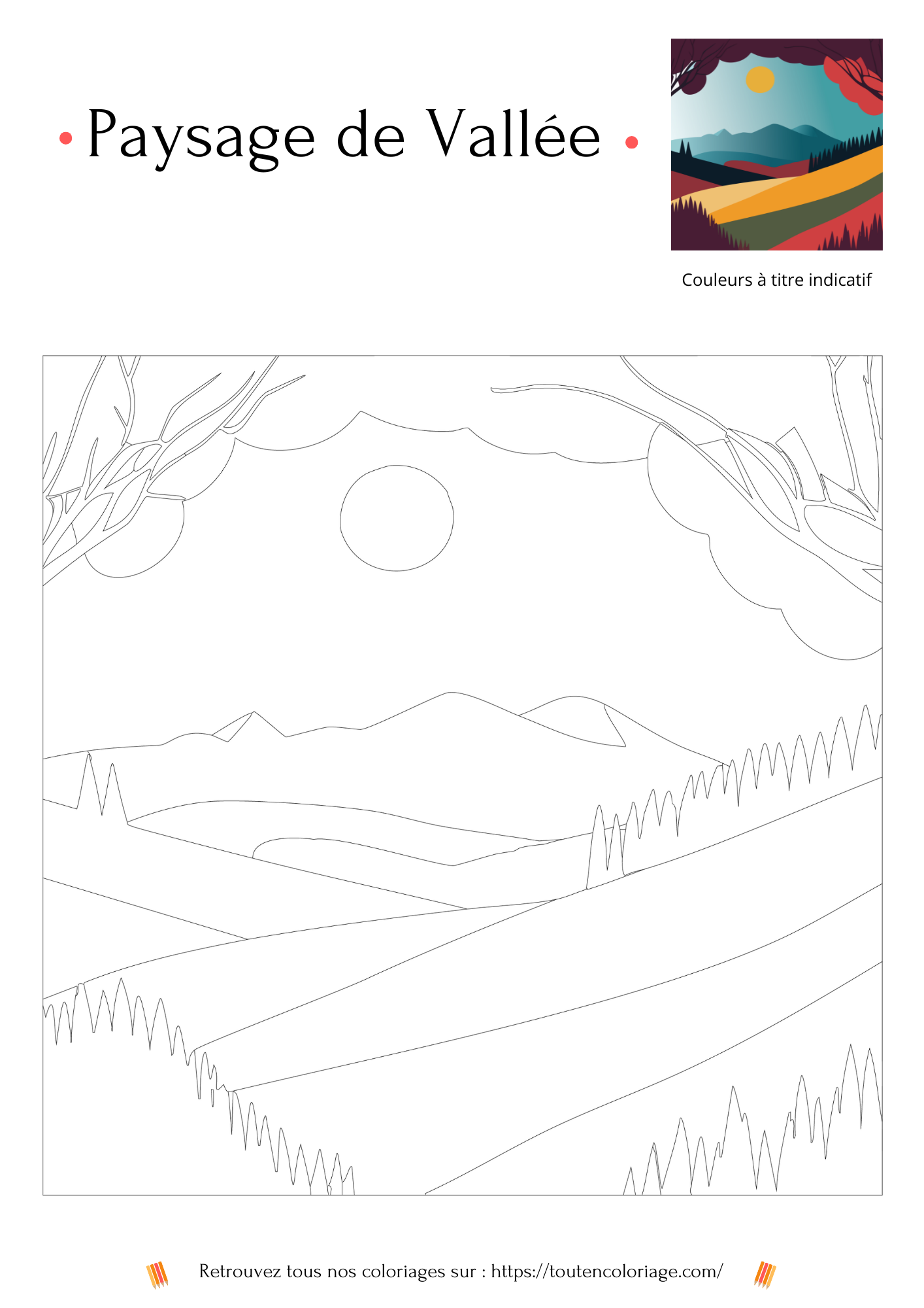 Dessin à colorier d'un superbe panorama d'une vallée montagneuse avec ses champs et ses forêt verdoyantes.