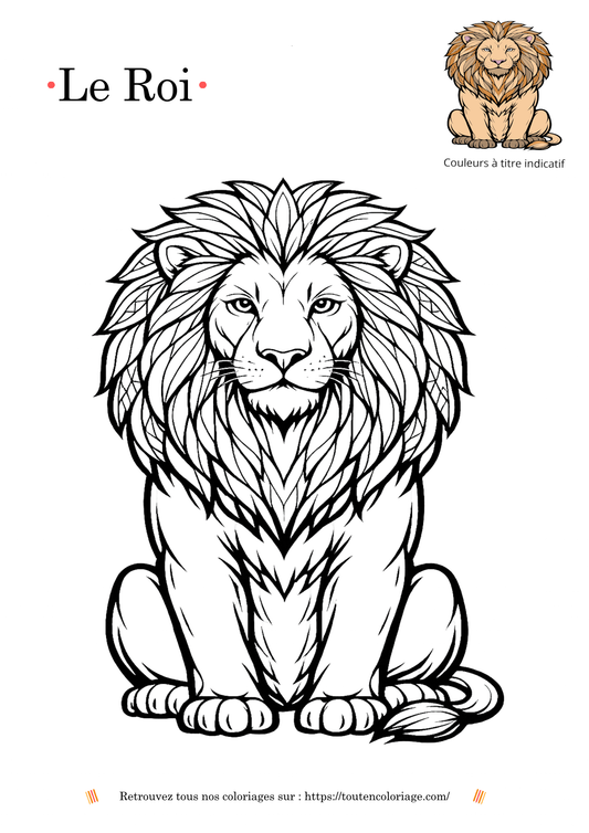 Dessin d'un lion mignon assis sur ses fesses à colorier pour enfant