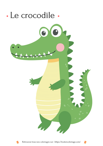 Coloriage d'un crocodile vert debout avec un grand sourire et des grands yeux marrant.