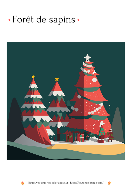 Coloriage à imprimer d'une forêt de sapins  rouge et vert spécialement décorés pour les fêtes de Noël.